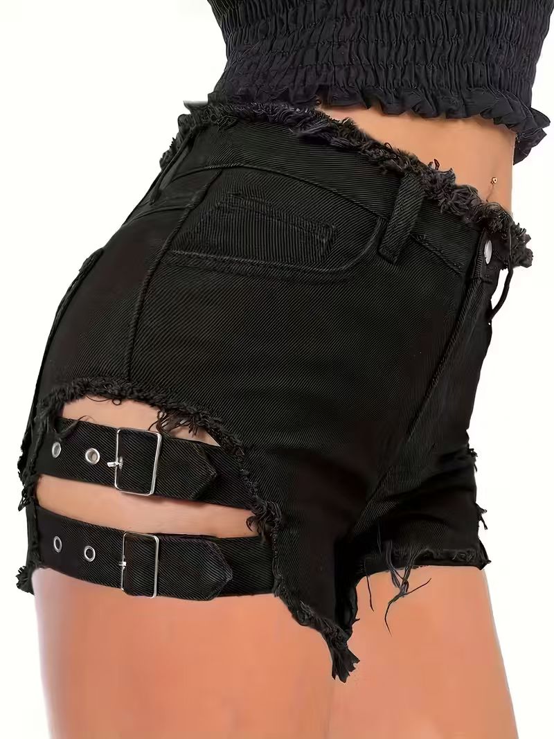 Shorts Denim Frayed - Shorts de mezclilla negros para mujer,