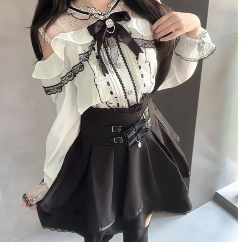 Blouse Off Shoulder - Conjunto gótico japonés Y2k estilo Lolita