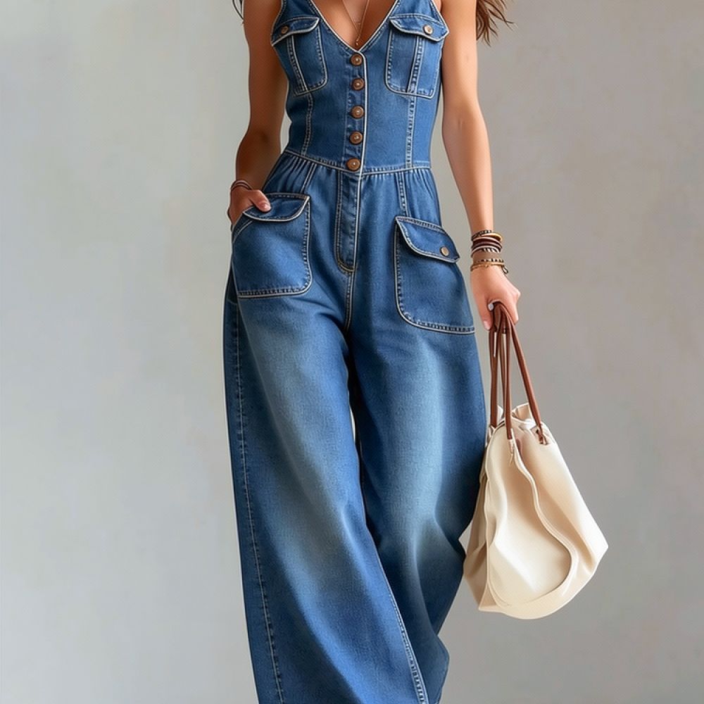 Jumpsuit Linen Relaxed - Mono vaquero informal para mujer, sin