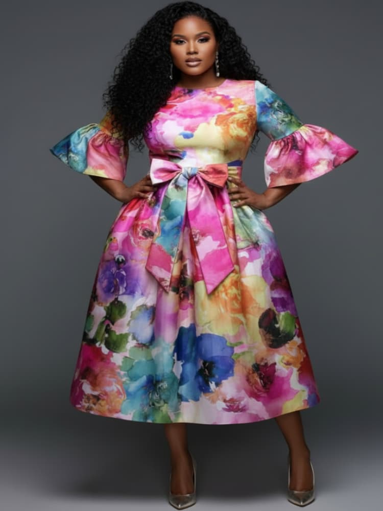 Midi Skirt Floral - Vestido midi de talla grande con