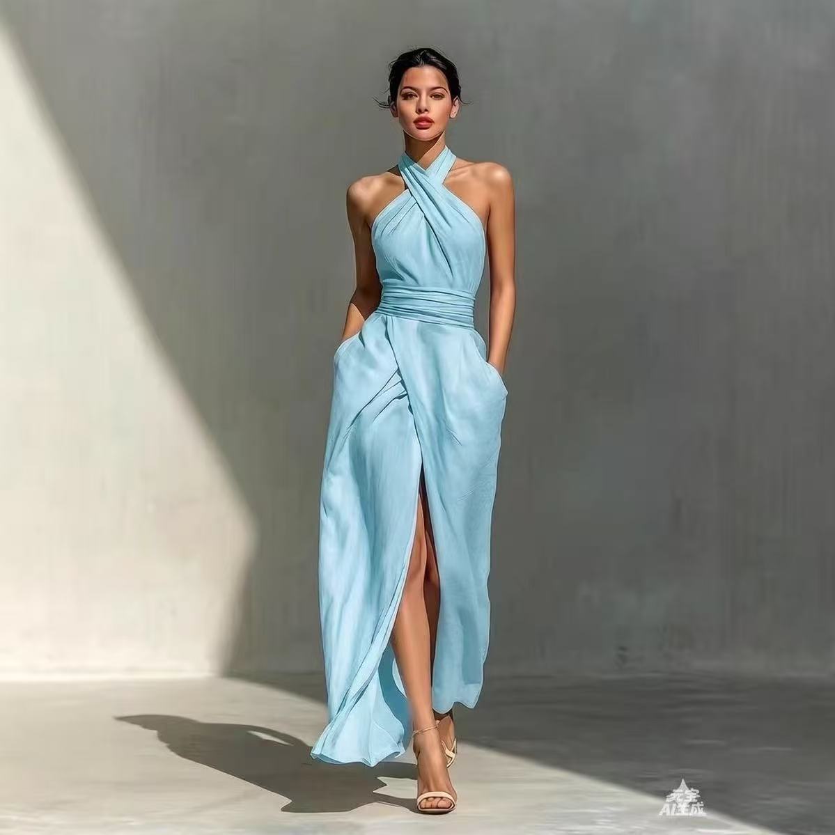 Maxi Dress Halter - Vestido largo bohemio con abertura frontal,
